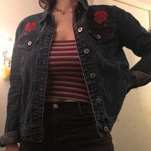 Forever 21 Embroidered Dark Wash Denim Jacket